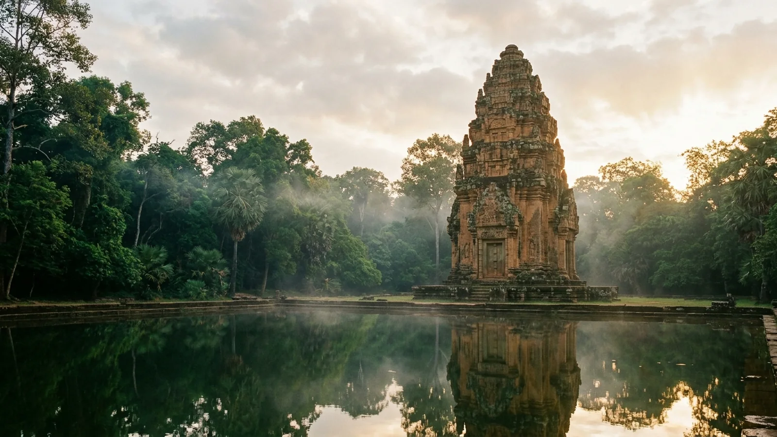 A Khmer temple tower rising above forest at first light, illustrating Angkor in Siem Reap.
