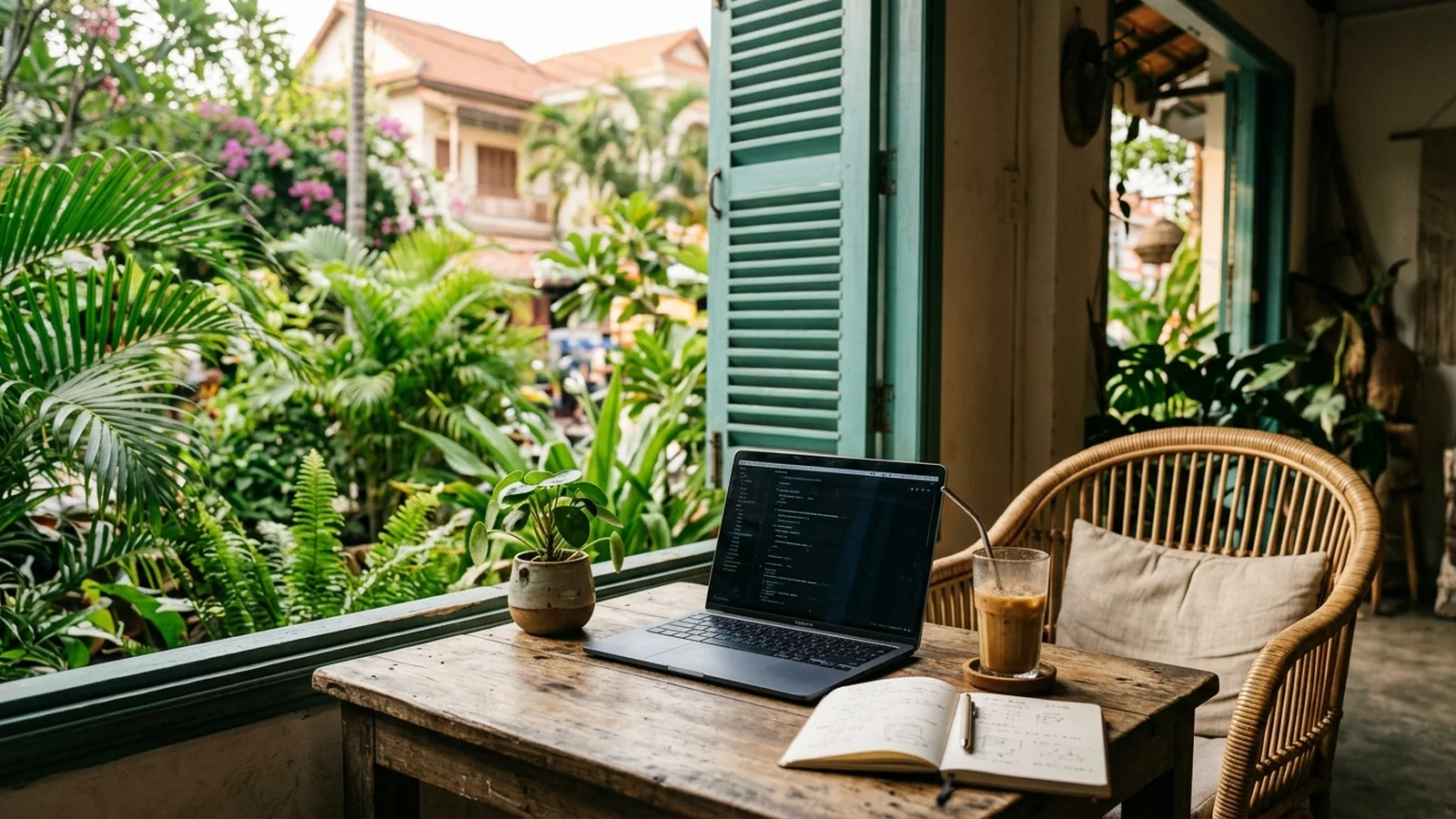 A laptop, notebook and iced coffee on a wooden cafe table beside a shuttered window in a warm, green Cambodian setting.