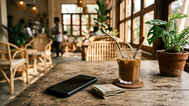 A QR payment screen and banknotes on a cafe table, illustrating banking in Cambodia.