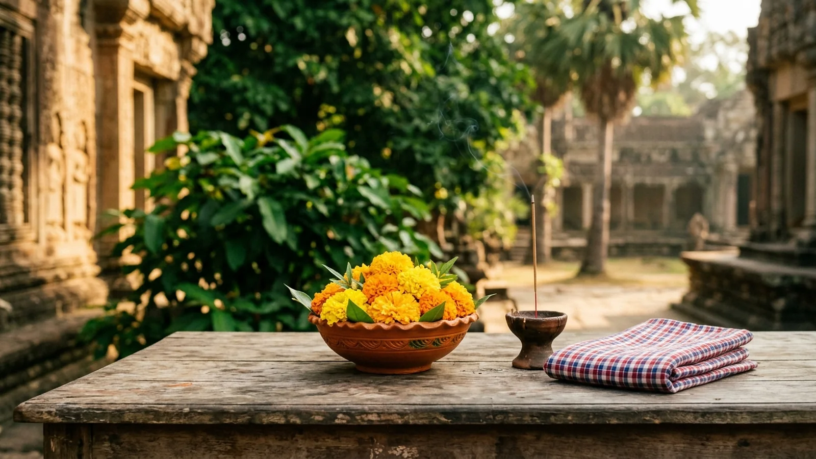 A calm Cambodian temple courtyard with folded hands resting near an offering of flowers and incense, in warm light.