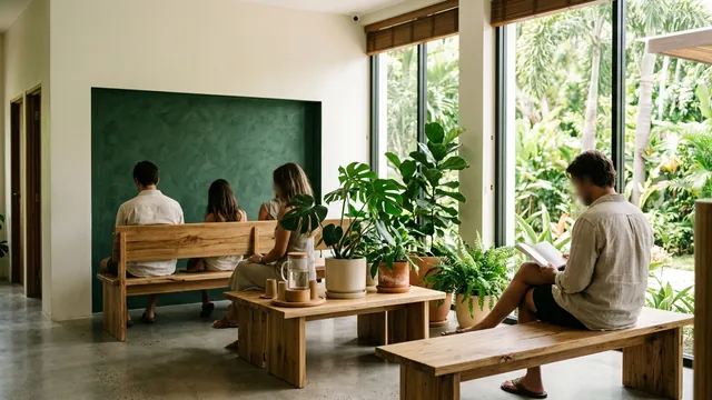 A calm modern clinic waiting area, illustrating healthcare options in Siem Reap.