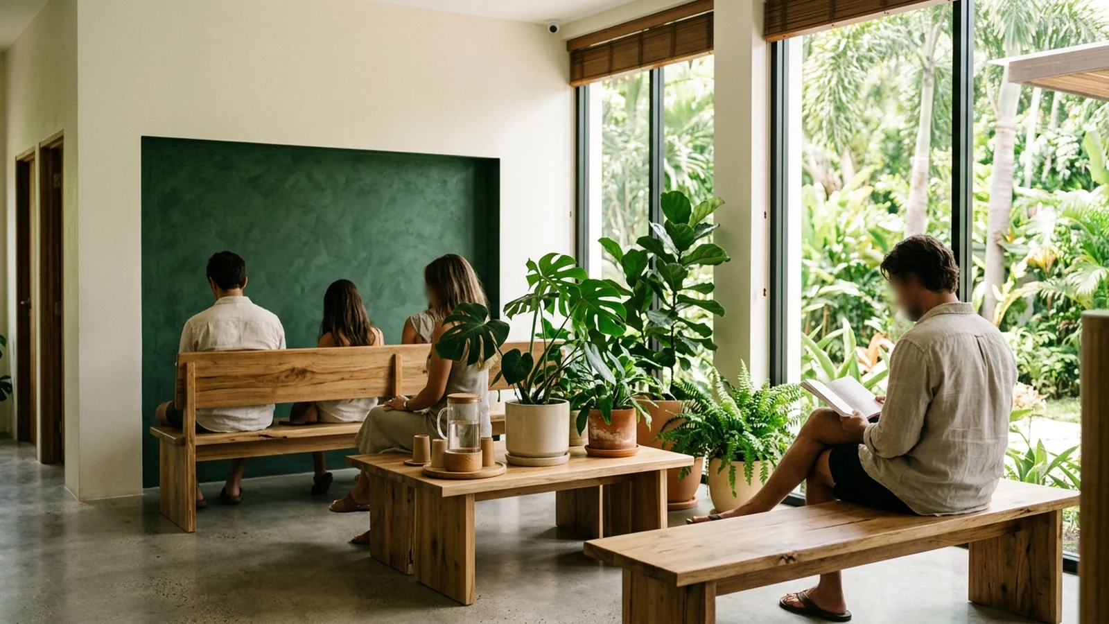 A calm, modern clinic waiting area with natural light, potted greenery and simple wooden seating in Cambodia.