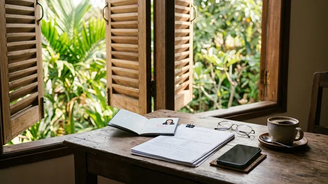 An open passport and printed forms on a desk beside a shuttered window in Cambodia.