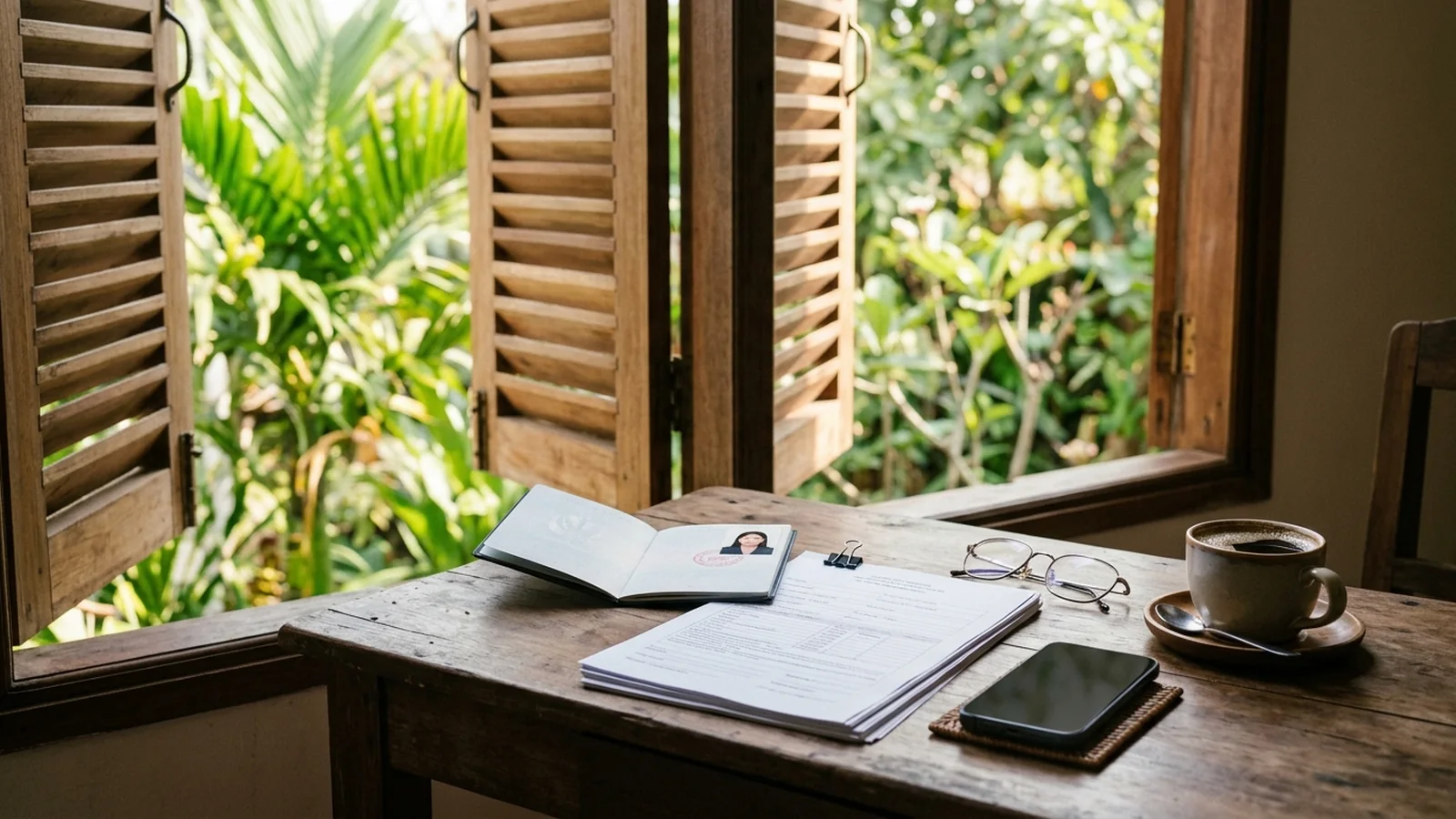 An open passport and a clipboard of printed forms on a wooden desk beside a shuttered window, with tropical greenery outside.