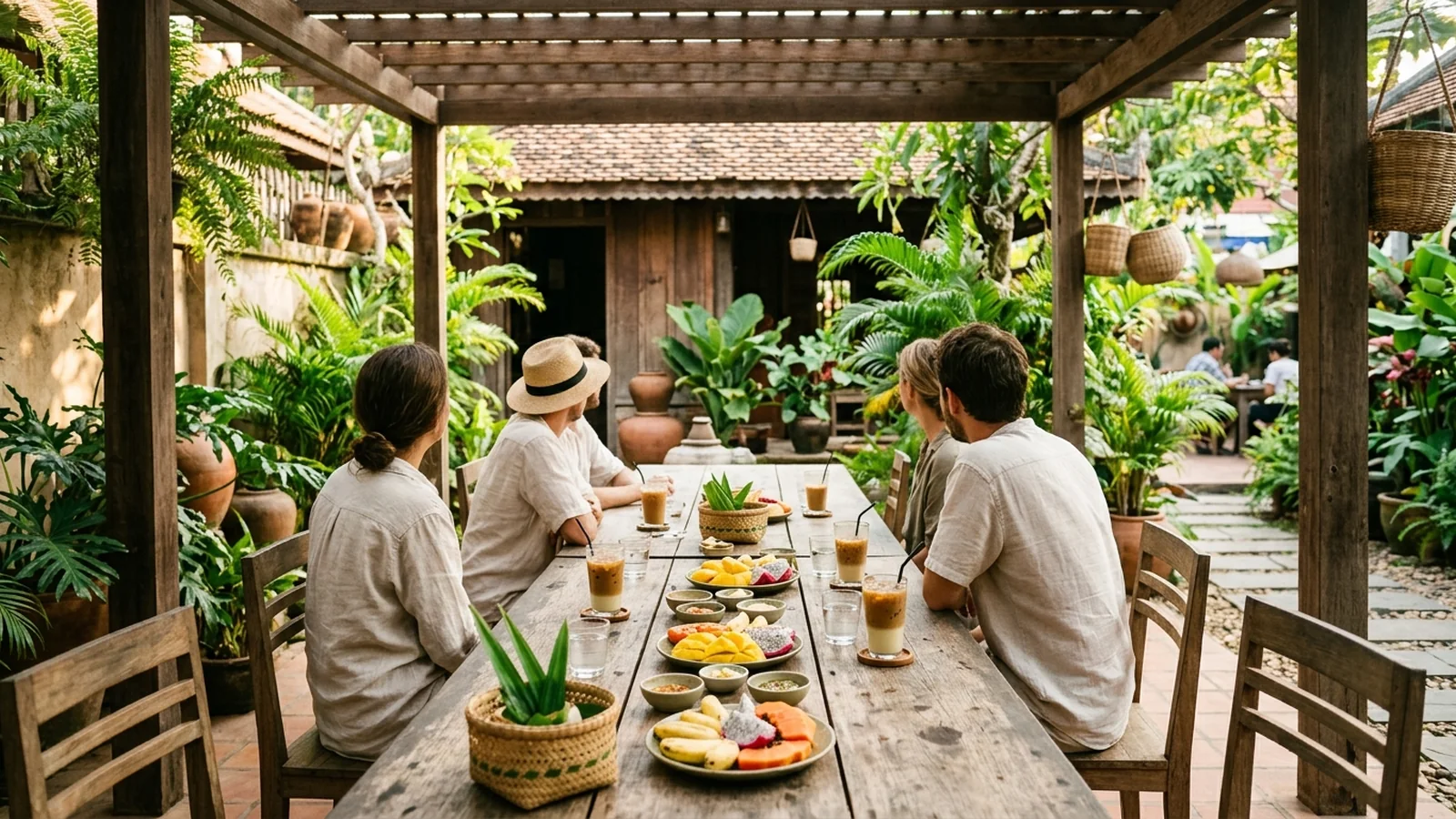 People sharing a long table under warm afternoon light in a Cambodian town, seen from behind with no faces visible.