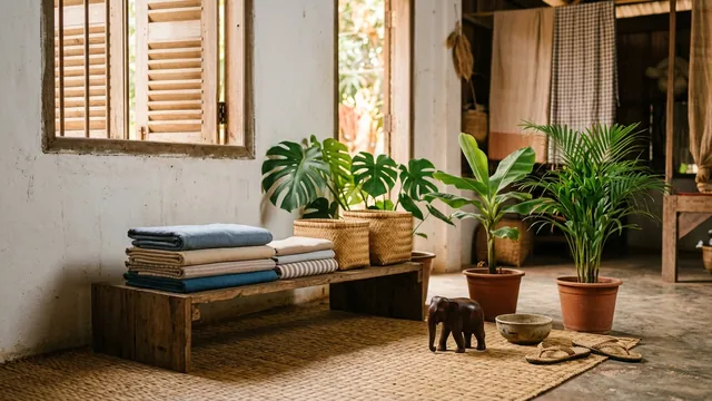 A bright family home corner with a woven mat and plants, illustrating family life in Siem Reap.