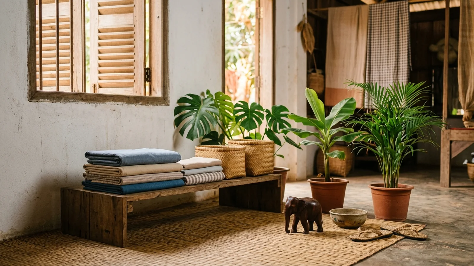 A bright, tidy family home corner in Cambodia with a woven mat, a small carved wooden toy and plants in afternoon light.