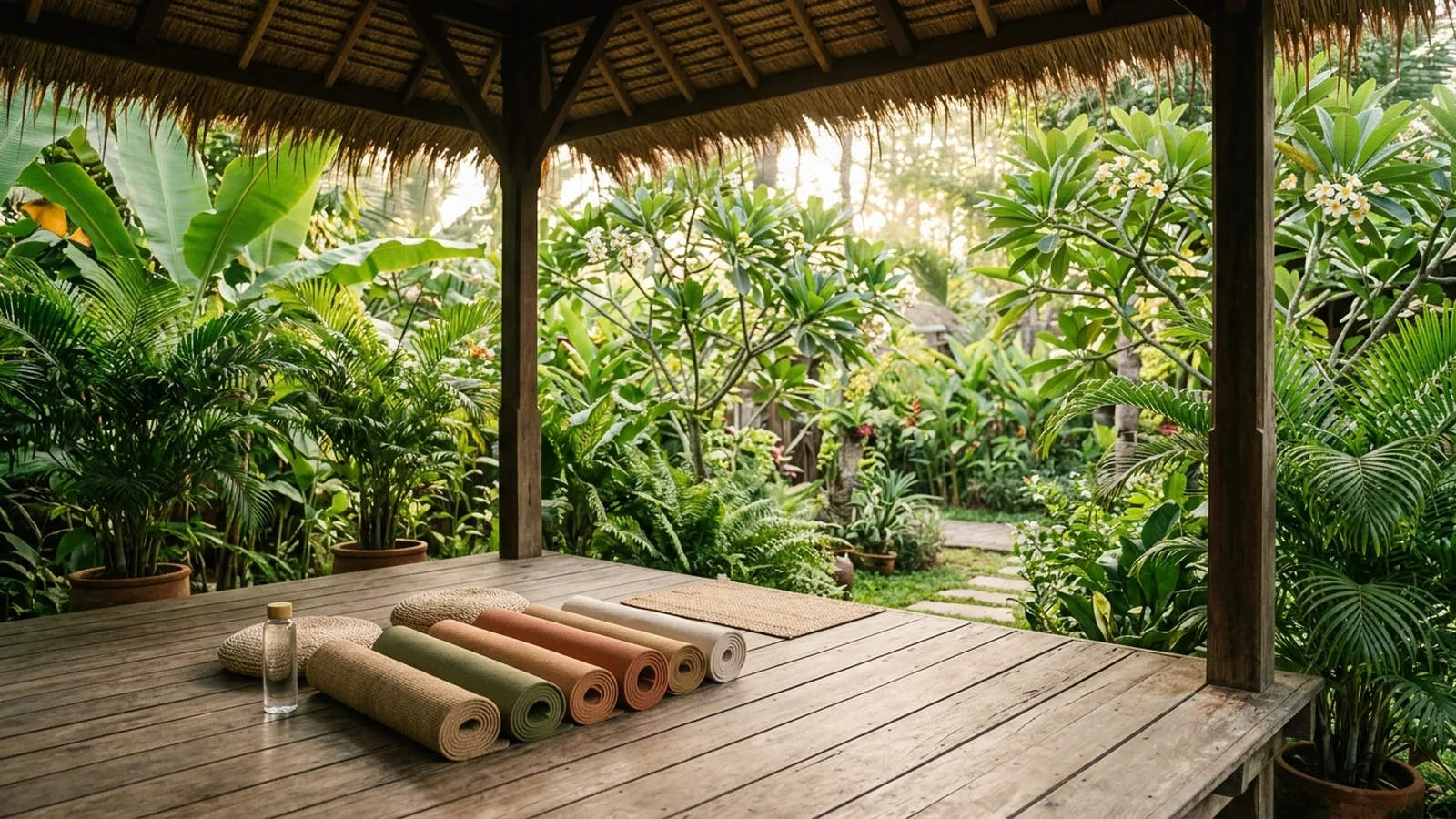 A shaded outdoor yoga deck with mats laid out beside tropical greenery in warm Cambodian light, with no people present.