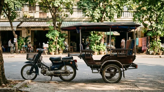 A traditional Cambodian tuk-tuk on a tree-lined street, illustrating transport options in Siem Reap.