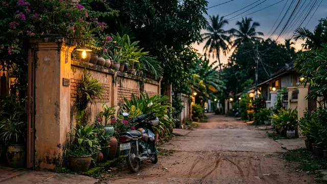 A quiet residential street at dusk, illustrating everyday life and safety in Siem Reap.