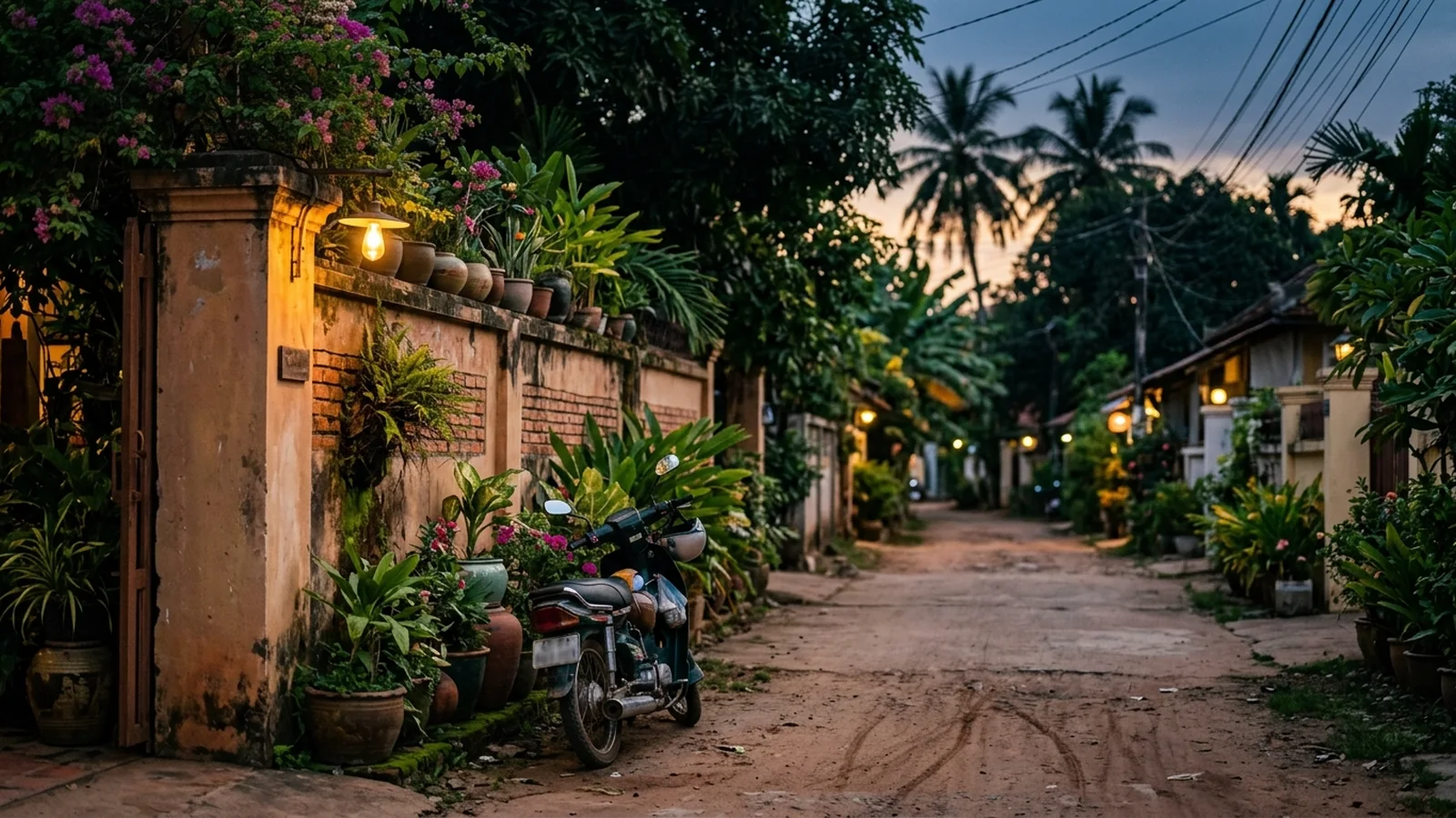 A quiet residential street in a Cambodian town at dusk, warm lamps glowing and motorbikes parked along the kerb.