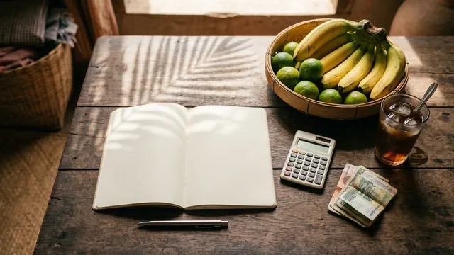 A notebook, calculator and fruit on a table, illustrating planning a Siem Reap monthly budget.