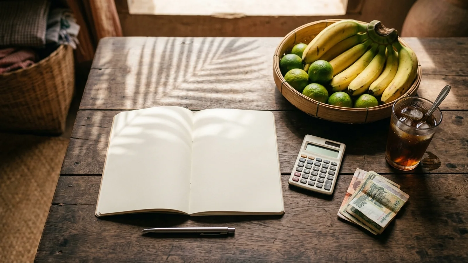 A notebook, calculator, banknotes and a bowl of tropical fruit on a wooden table in Cambodia.