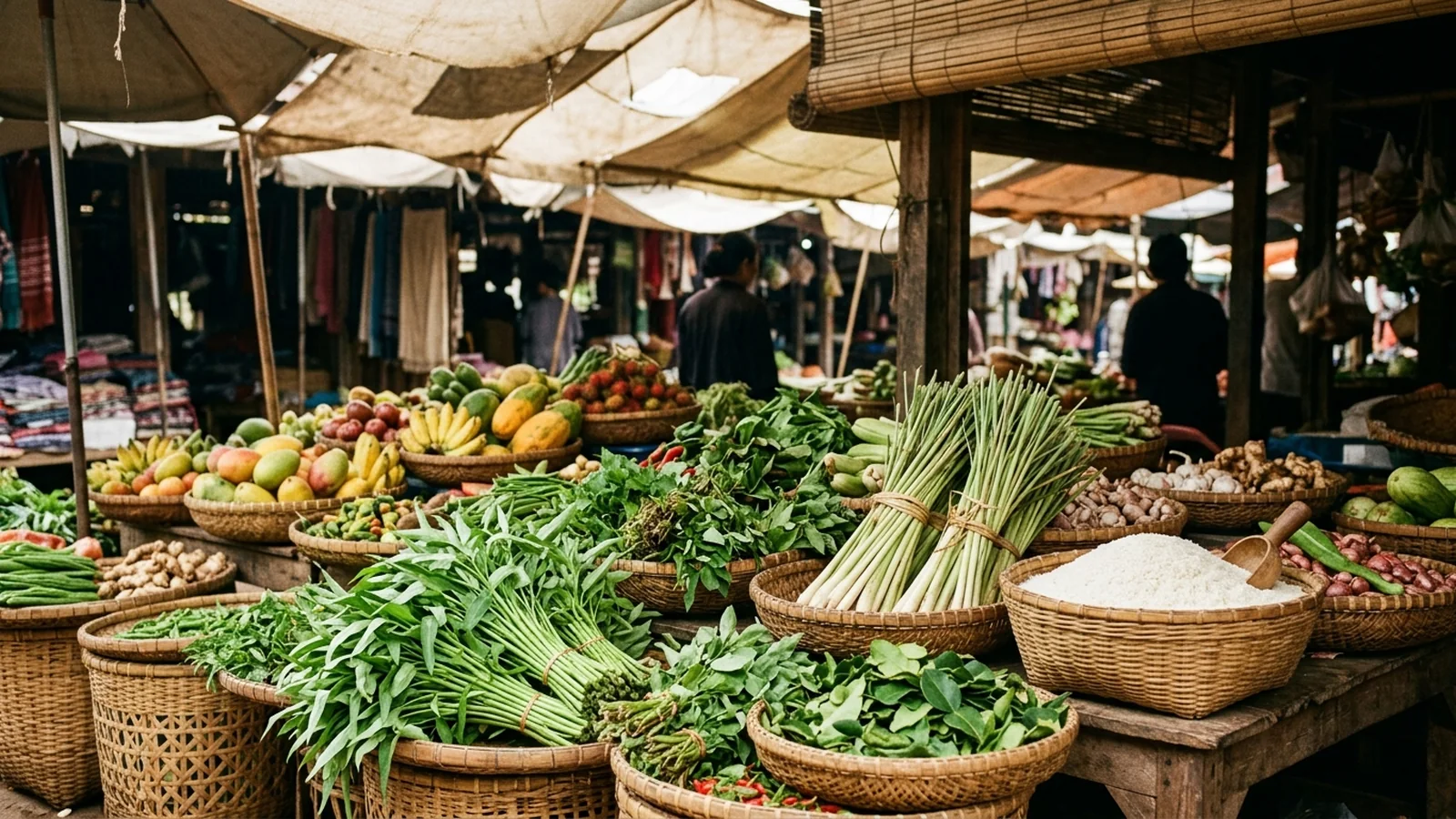 A Cambodian market stall with fresh herbs, vegetables and fruit arranged in woven baskets under warm daylight.