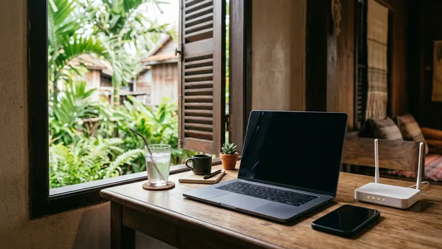 A home workspace with laptop, phone and router in Siem Reap, illustrating remote-work connectivity.