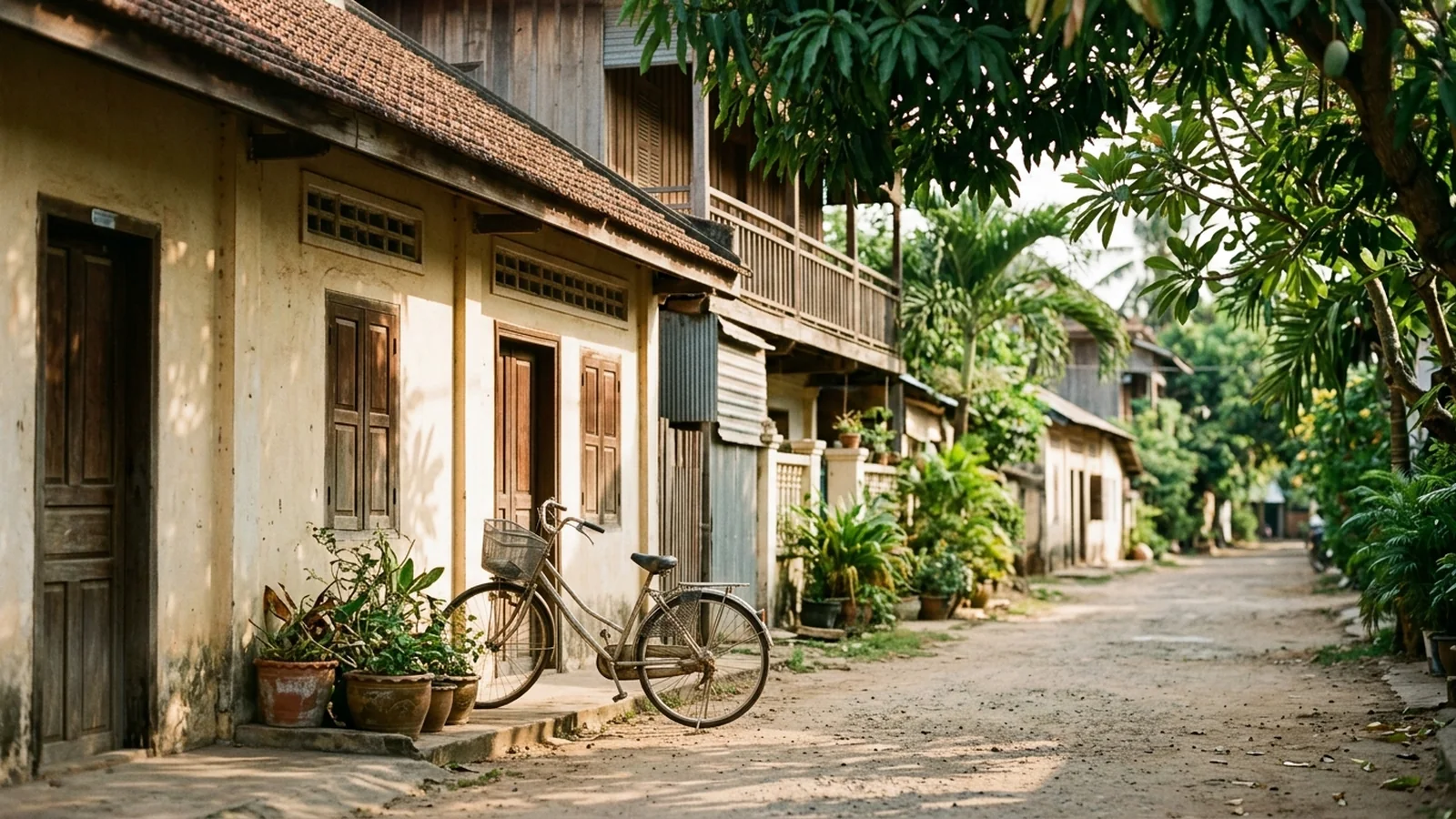 A quiet tree-lined street with low buildings and bicycles in warm afternoon light in Siem Reap.