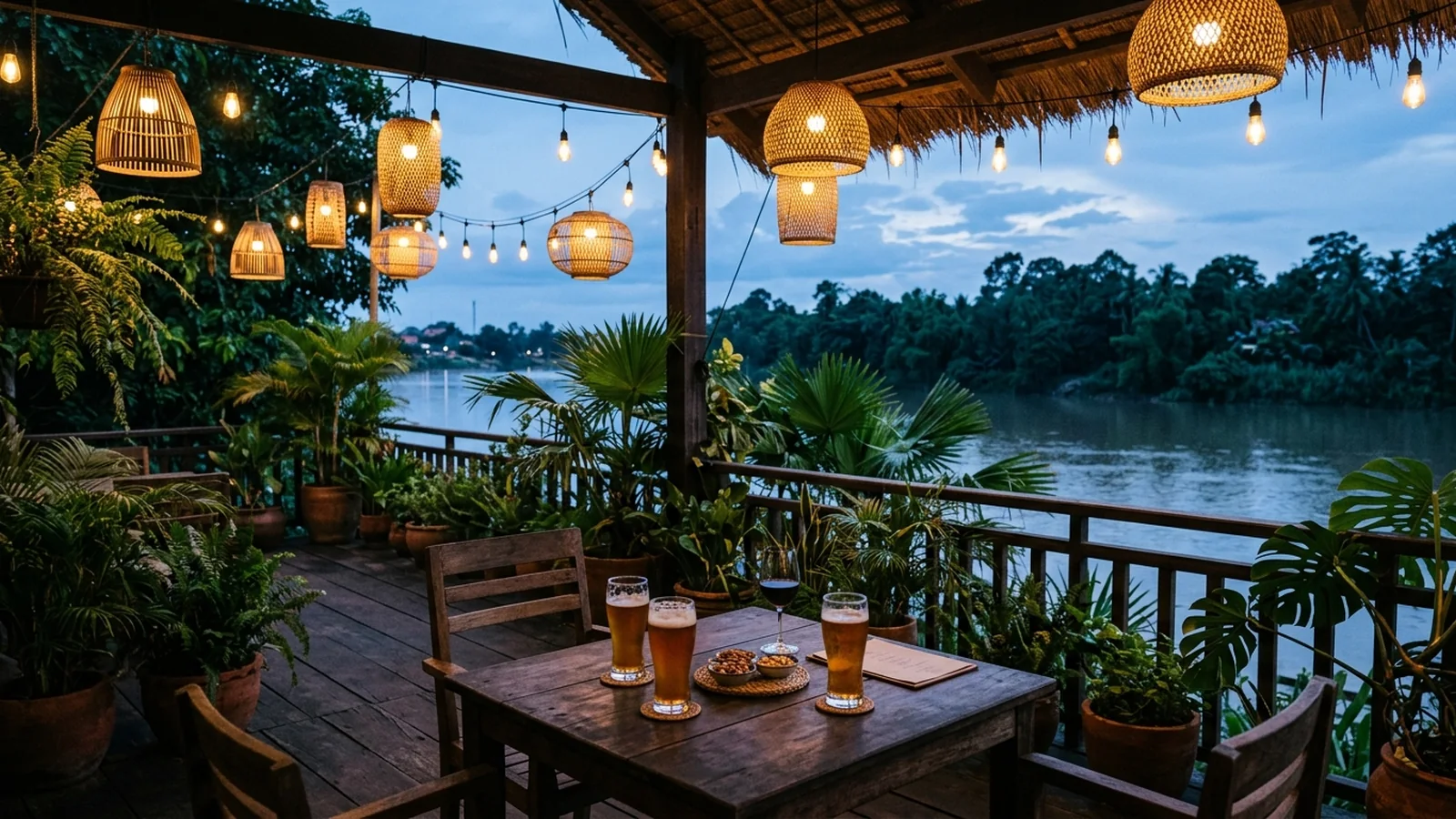 A warm, softly lit riverside bar terrace in Siem Reap at dusk, with lanterns and empty tables.