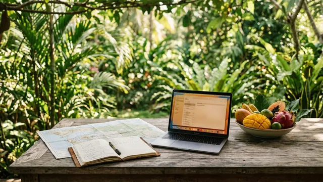 A laptop, map and notebook on a shaded table, illustrating a choice of base in Southeast Asia.