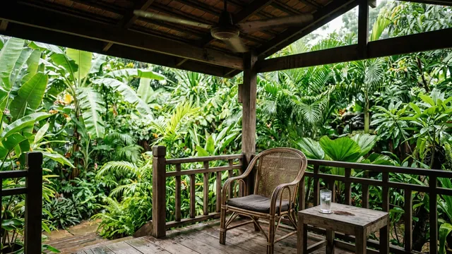 A shaded veranda and ceiling fan after tropical rain, illustrating Siem Reap's climate and comfort.