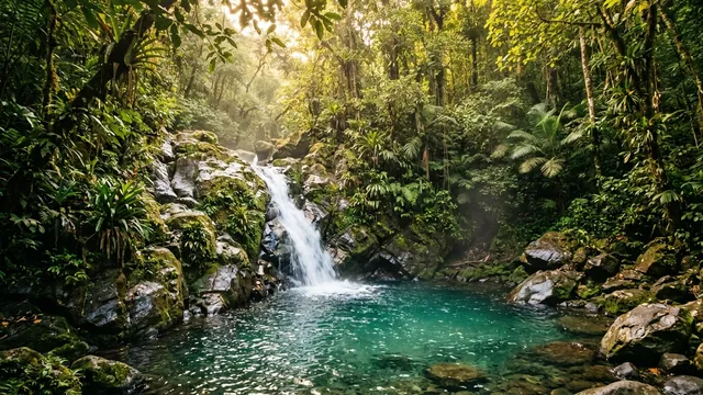 A jungle waterfall in green Cambodian countryside, illustrating things to do around Siem Reap.