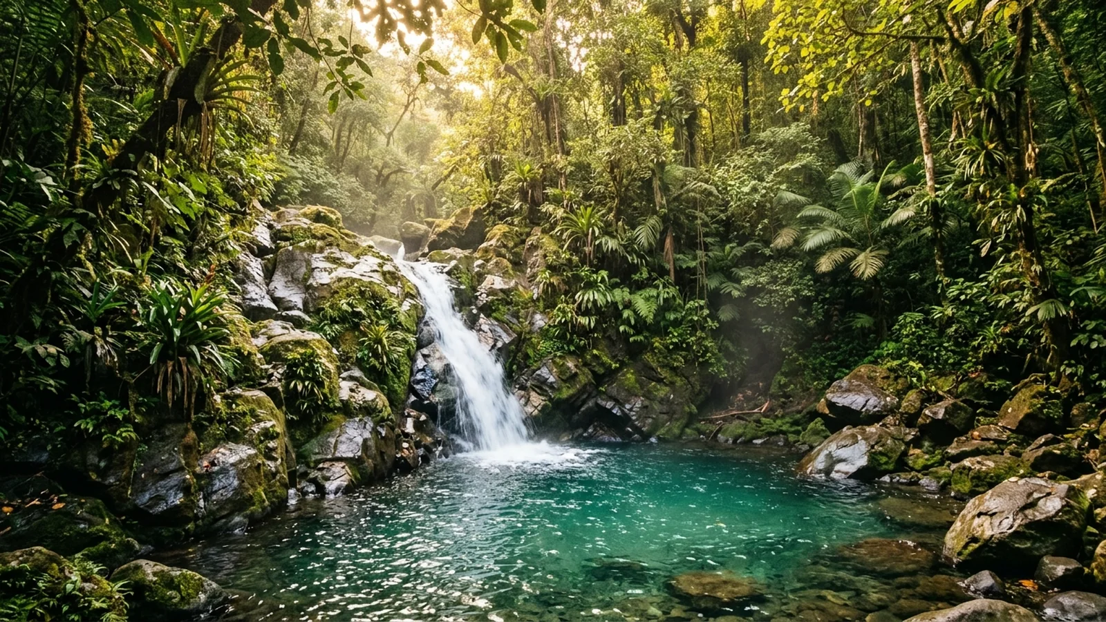 A jungle waterfall cascading into a clear pool in the green Cambodian countryside north of Siem Reap.