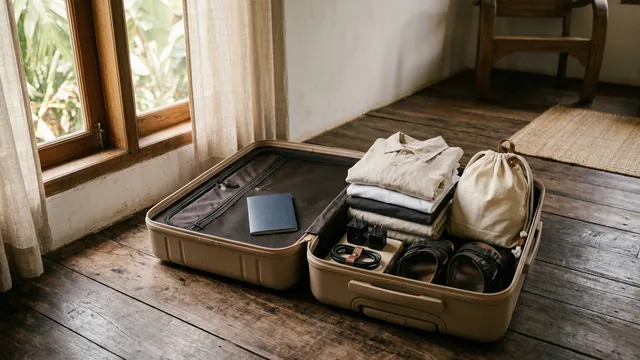 An open suitcase with light clothing, chargers and documents, illustrating packing for Cambodia.