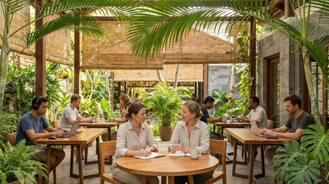 អ្នកជំនាញដែលធ្វើការពីចម្ងាយ កំពុងធ្វើការជាមួយគ្នាក្នុងកន្លែងធ្វើការរួមបែបត្រូពិច ដែលមានម្លប់ត្រជាក់ និងបរិយាកាសធូរស្រាល។